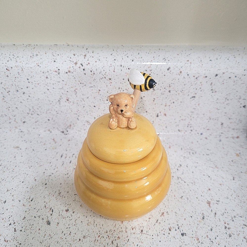 Honey Pot with Bear and Bee Lid - Yellow " Winnie The Pooh"